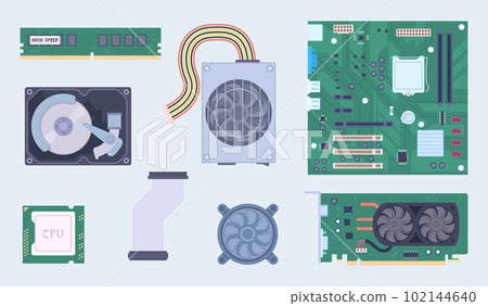 Computer components. Electric diy controllers for circuit board different semiconductors exact vector pc items 102144640