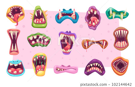 Scary mouth. Monsters expression faces exact vector illustrations of cartoon mouth 102144642
