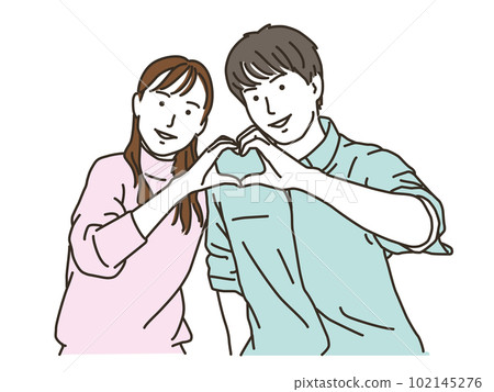 A couple looking at the camera making a heart mark 102145276