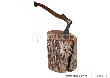 antique viking axe with wooden handle in wood log antique viking axe with wooden handle in wood log 102145694