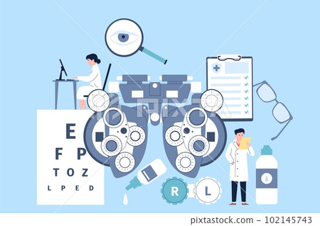 Ophthalmology concept with instrument for eye caring. Optometrist doctor, ophthalmologist in hospital. Clear vision medical recent vector scene Ophthalmology concept with instrument for eye caring. Optometrist doctor, ophthalmologist in hospital. Clear vision medical recent vector scene 102145743