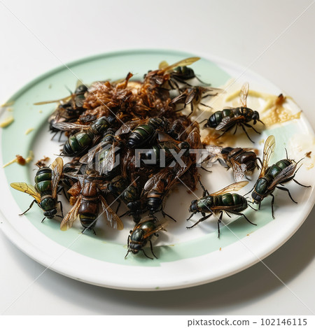 A lot of nasty black flies on a plate with food leftovers, close-up, dirty dishes with flies 102146115