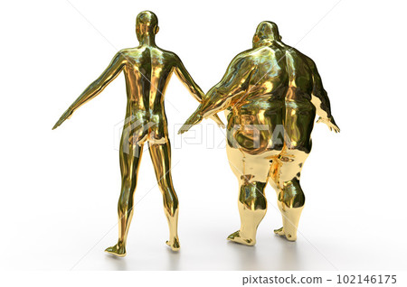 3D render. Golden athletic and obese naked men stand with their backs on a white background. 3D render. Golden athletic and obese naked men stand with their backs on a white background. 102146175