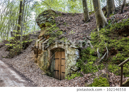 Old beer cellar at Pretzfeld in Franconian Switzerland, Bavaria, Germany Old beer cellar at Pretzfeld in Franconian Switzerland, Bavaria, Germany 102146558