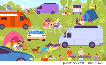 Summer camp festival. People picnic in spring forest, friends eating grilling and lying hammocks or tent, caravan car campsite outdoor activity time, splendid vector illustration Summer camp festival. People picnic in spring forest, friends eating grilling and lying hammocks or tent, caravan car campsite outdoor activity time, splendid vector illustration 102146622
