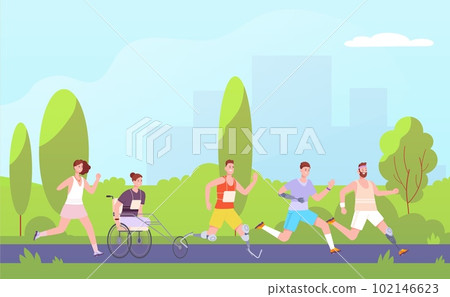 Disabled runners. Handicap athletes running paralympic athletics championship or run training outdoor marathon, runner on wheelchair Disabled runners. Handicap athletes running paralympic athletics championship or run training outdoor marathon, runner on wheelchair 102146623