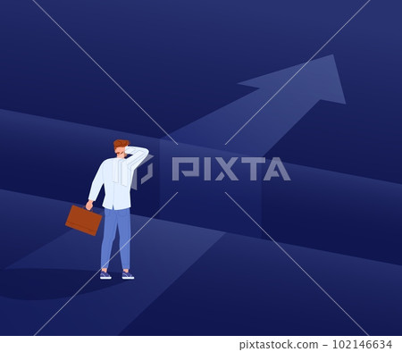 Challenge chasm. Overcome obstacle concept, determination businessman in front face of dangerous abyss gap or problem barriers on way to success career goal, vector illustration 102146634