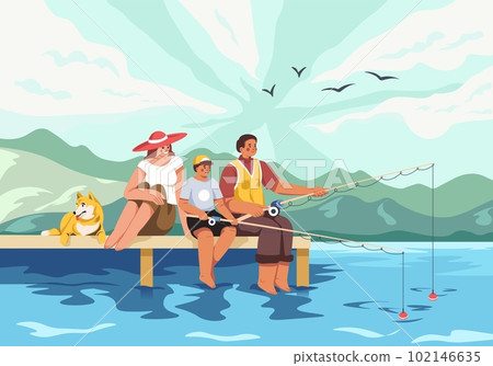 Family fishing. Happy child with fisherman father catching fish in river or lake, families summer nature activities, fisher teaching kid son fishery, recent vector illustration 102146635
