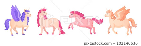 Cartoon pegasus. Funny winged unicorn, chubby pony magical horse wings, cute flying horses pink begasus for little princess, magic children character ingenious vector illustration Cartoon pegasus. Funny winged unicorn, chubby pony magical horse wings, cute flying horses pink begasus for little princess, magic children character ingenious vector illustration 102146636