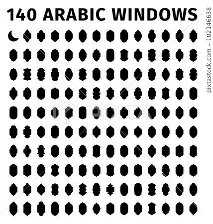 140 arabic windows. Traditional ornamental arabic windows. Architectural design elements for muslim holidays. Window arches illustration. 140 arabic windows. Traditional ornamental arabic windows. Architectural design elements for muslim holidays. Window arches illustration. 102146638