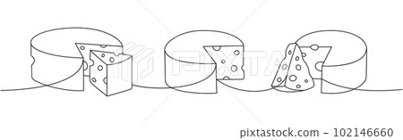 Wheel cheese set one line continuous drawing. Different types of cheese continuous one line illustration. Vector minimalist linear illustration. 102146660
