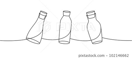 Set of glass bottles one line continuous drawing. Empty glass bottles continuous one line illustration. Vector linear illustration. 102146662