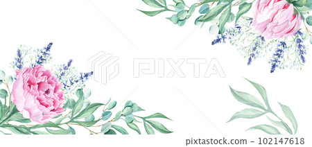 Floral watercolor banner, design frame. Pink peonies, eucalyptus and lavender branches. Hand drawn botanical illustration isolated on white background. Can be used for cards, wedding invitations Floral watercolor banner, design frame. Pink peonies, eucalyptus and lavender branches. Hand drawn botanical illustration isolated on white background. Can be used for cards, wedding invitations 102147618