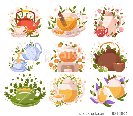 Set Of Herbal Tea Contains Various Natural Blends And Flavors, Ideal For Relaxation And Wellbeing, Vector Illustration 102148041