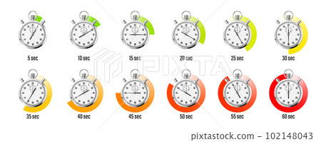 Realistic classic stopwatch. Shiny metal chronometer, time counter with dial. Colorful countdown timer showing minutes and seconds. Time measurement for sport, start and finish. Vector illustration 102148043