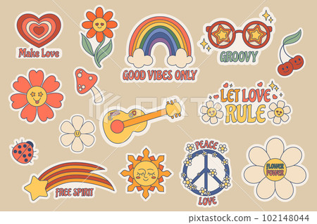 Set Of Groovy Stickers. Heart, Daisy Flower, Rainbow And Peace Sign. Sunglasses, Guitar, Comet And Sun. Lady Bug Set Of Groovy Stickers. Heart, Daisy Flower, Rainbow And Peace Sign. Sunglasses, Guitar, Comet And Sun. Lady Bug 102148044