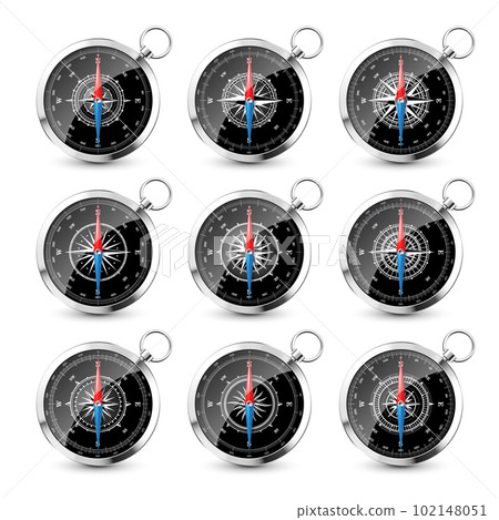 Vintage compass, marine wind rose with cardinal directions of North, East, South, West. Realistic silver navigational compass, shiny metal. Cartography and navigation. Vector illustration. Vintage compass, marine wind rose with cardinal directions of North, East, South, West. Realistic silver navigational compass, shiny metal. Cartography and navigation. Vector illustration. 102148051