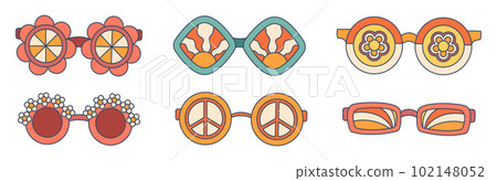 Groovy Sunglasses Set. Stylish And Trendy Eyewear Collection With Vibrant Colors, Funky Designs, And Uv Protection 102148052