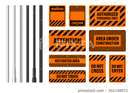 Warning, danger signs, attention banners with metal poles. Orange caution sign, construction site signage. Notice signboard, warning banner, road shield. Vector illustration Warning, danger signs, attention banners with metal poles. Orange caution sign, construction site signage. Notice signboard, warning banner, road shield. Vector illustration 102148072