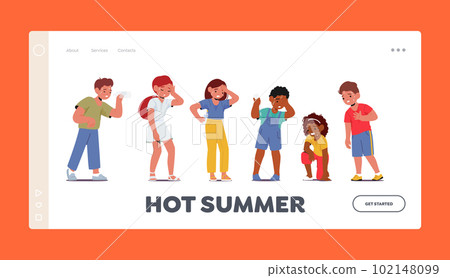 Hot Summer Landing Page Template. Children Characters Suffer from Extreme Heat. Kids with Red Faces, Sweat, Dehydration 102148099