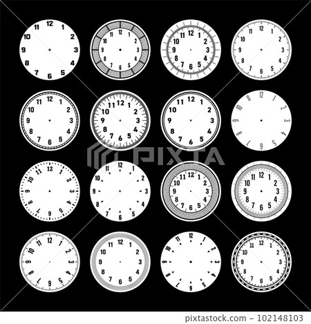 Mechanical clock faces, watch dial with numerals, bezel. Timer or stopwatch element with minute, hour marks and numbers. Blank measuring circle scale with divisions. Vector illustration Mechanical clock faces, watch dial with numerals, bezel. Timer or stopwatch element with minute, hour marks and numbers. Blank measuring circle scale with divisions. Vector illustration 102148103