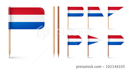 Realistic various Dutch toothpick flags. Souvenir from Netherlands. Wooden toothpicks with paper flag. Location mark, map pointer. Blank mockup for advertising and promotions. Vector illustration Realistic various Dutch toothpick flags. Souvenir from Netherlands. Wooden toothpicks with paper flag. Location mark, map pointer. Blank mockup for advertising and promotions. Vector illustration 102148105