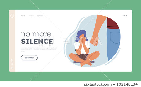 No More Silence Landing Page Template. Father's Fist Raised Over Crying Daughter Sitting on Floor, Emotional Abuse 102148134