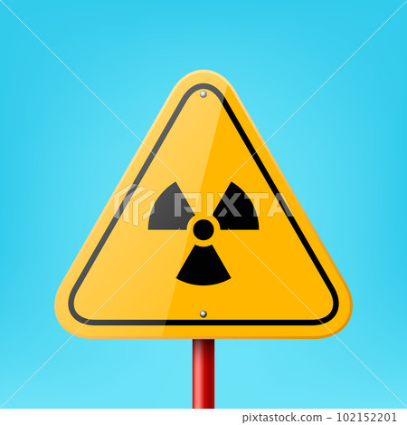 Vector Yellow Triangular Road Sign Frame with Radiation Sign, Icon, Nuclear Warning Symbol Icon Closeup on Blue Background. Road Pointer Plate Design Template, Front View Vector Yellow Triangular Road Sign Frame with Radiation Sign, Icon, Nuclear Warning Symbol Icon Closeup on Blue Background. Road Pointer Plate Design Template, Front View 102152201