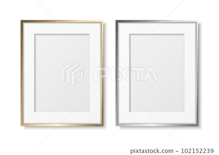 Vector 3d Realistic Gray and Yellow Metal, Silver and Golden Color Decorative Vintage Frame Set, Border Icon Closeup Isolated. A4, A5 Vertical Photo Frame Design Template for Picture, Border Design 102152239