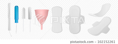 Vector 3d Realistic Menstrual Hygiene Products - Tampon, Tampon with Applicator, Menstrual Cup and Sanitary Pad Icon Set Closeup Isolated. Feminine Hygiene Icons - Sanitary Menstrul Pads, Tampons, Cup 102152261