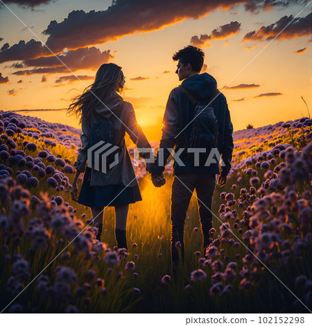 couple walking on flower path couple walking on flower path 102152298