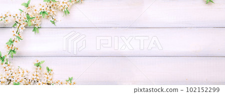 April floral nature banner. Spring blossom of may flowers on wooden. Branches of blossoming cherry against background. Copy space. April floral nature banner. Spring blossom of may flowers on wooden. Branches of blossoming cherry against background. Copy space. 102152299