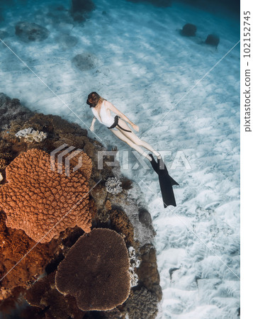 Freediver woman glides on the deep with fins near corals in tropical sea 102152745