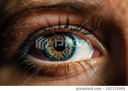 Soulful close-up of a young woman's eye in deep blue color. Macro view of the pupil and iris with focus on the beautiful skin. Perfect for emotion and beauty photography. AI Generative. Soulful close-up of a young woman's eye in deep blue color. Macro view of the pupil and iris with focus on the beautiful skin. Perfect for emotion and beauty photography. AI Generative. 102155089