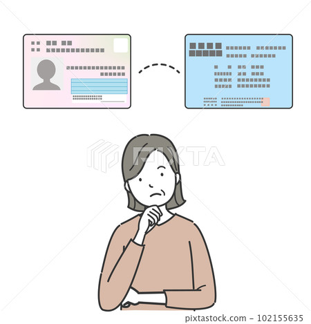 Thinking middle-aged and elderly women, my number card, health insurance card Thinking middle-aged and elderly women, my number card, health insurance card 102155635