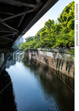 沿著新鮮的綠色河岸行駛的首都高速公路首都高速公路5號線早稻田出口2023.04垂直 102156056