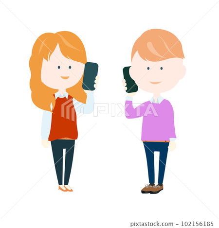 穿著休閒服的男人和女人用智能手機聊天 穿著休閒服的男人和女人用智能手機聊天 102156185