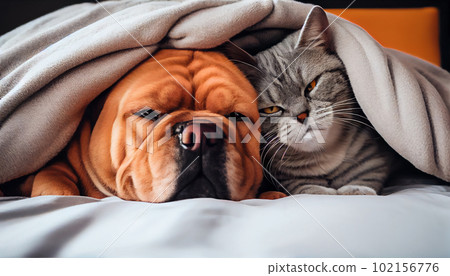 Generative AI, Furry Best Friends: A Cat and Dog Cuddle Up on a Cozy Bed Generative AI, Furry Best Friends: A Cat and Dog Cuddle Up on a Cozy Bed 102156776