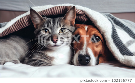 Generative AI, Furry Best Friends: A Cat and Dog Cuddle Up on a Cozy Bed Generative AI, Furry Best Friends: A Cat and Dog Cuddle Up on a Cozy Bed 102156777