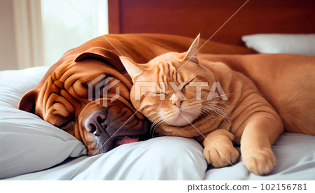 Generative AI, Furry Best Friends: A Cat and Dog Cuddle Up on a Cozy Bed Generative AI, Furry Best Friends: A Cat and Dog Cuddle Up on a Cozy Bed 102156781