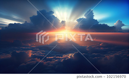 Generative AI, Dreamy Blue and White Cloudscape at Sunrise/Sunset 102156970