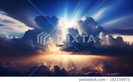 Generative AI, Dreamy Blue and White Cloudscape at Sunrise/Sunset 102156973