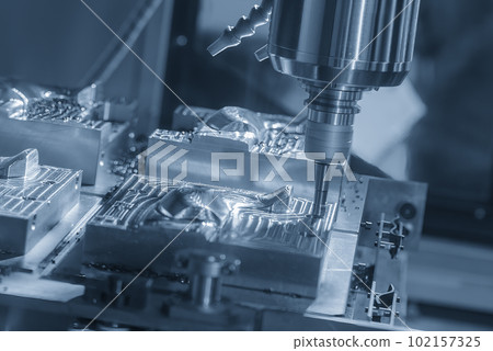 The CNC milling machine rough cutting the injection mold parts by indexable tools. 102157325