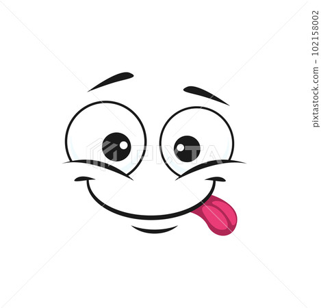 Cartoon face, happy smile vector emoji with sticking tongue. Joyful facial expression with goggle eyes, funny glad cute character, positive feelings isolated on white background Cartoon face, happy smile vector emoji with sticking tongue. Joyful facial expression with goggle eyes, funny glad cute character, positive feelings isolated on white background 102158002