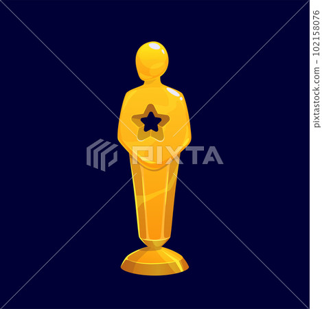 Gold award in shape of male statue with star on body isolated cartoon trophy. Vector golden celebrity lady statuette, ceremony prize sculpture for winner in sport competition. Victory Hollywood reward 102158076