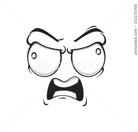 Cartoon angry face with mad eyes and yell mouth. Vector yelling emoji, furious boss facial expression, aggressive feelings, comic face with furrowed brows isolated on white background 102158308