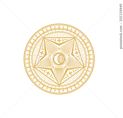 Magic sacred symbol with moon and sun, mandala isolated alchemy magic symbol. Vector esoteric symbol, mason freemason mystic circle. Spiritual mandala, moroccan amulet, witchcraft ritual amulet Magic sacred symbol with moon and sun, mandala isolated alchemy magic symbol. Vector esoteric symbol, mason freemason mystic circle. Spiritual mandala, moroccan amulet, witchcraft ritual amulet 102158440