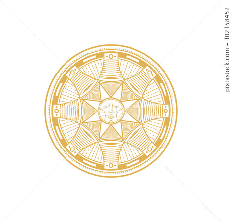 Esoteric religion and astrology mystic sign with sun, ritual ornament and sacred star. Vector gold circle with pentagram star, tribal occultism, rune and chakra symbol of prosperity, fortune and luck Esoteric religion and astrology mystic sign with sun, ritual ornament and sacred star. Vector gold circle with pentagram star, tribal occultism, rune and chakra symbol of prosperity, fortune and luck 102158452