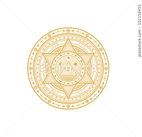 Esoteric amulet, mandala, magic talisman with pyramid, sun and moon, astrology constellations isolated golden circle. Mystery pentagram, mason or freemason vintage mystic ornament, horoscope astrology 102158455