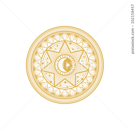 Round ethnic amulet magic astrology symbol isolated golden circle. Vector tarot talisman with moon and star, sun and ethnic ornament. Mason or freemason symbol of fortune, ancient Egypt coin Round ethnic amulet magic astrology symbol isolated golden circle. Vector tarot talisman with moon and star, sun and ethnic ornament. Mason or freemason symbol of fortune, ancient Egypt coin 102158457
